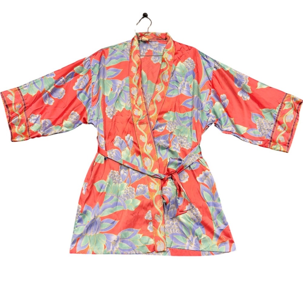 Natori Robe Women Petite Red Floral Satin Short Kimono Wrap Sleepwear Vintage